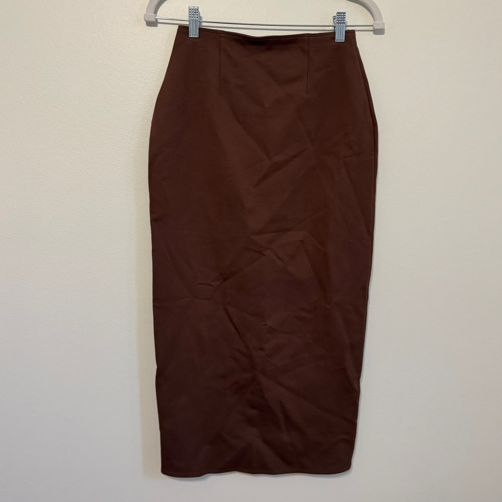 Abercrombie & Fitch Brown Midi Skirt Size XS Elevated Ponte Side Slit Stretch - Picture 6 of 8